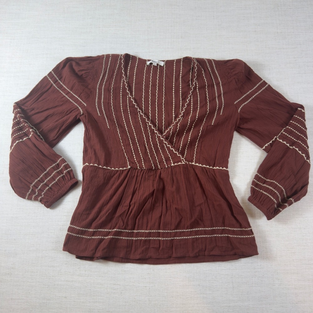 Madewell Embroidered Wrap Peplum Top Womens XS Rust Cotton Gauze Boho